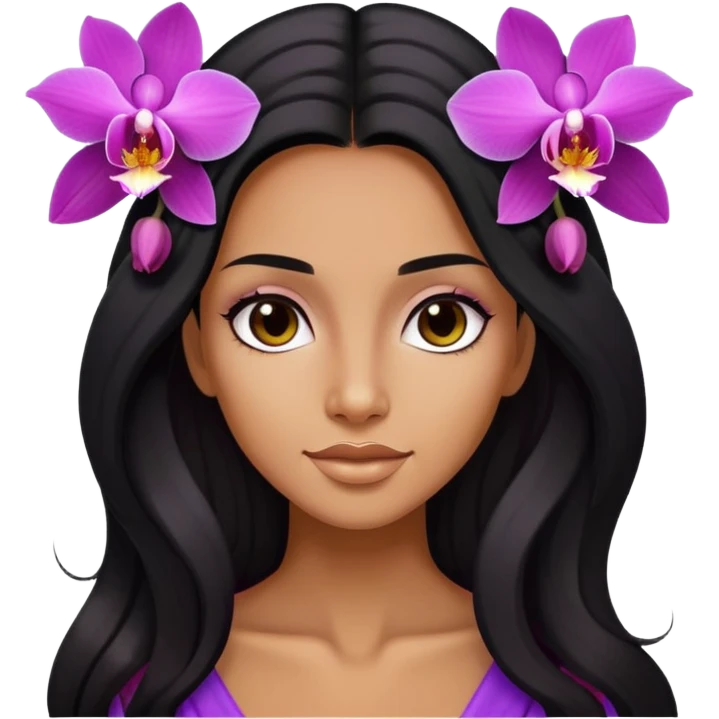 Upclose, black long hair tanned woman, orchid flowers in hair  emoji