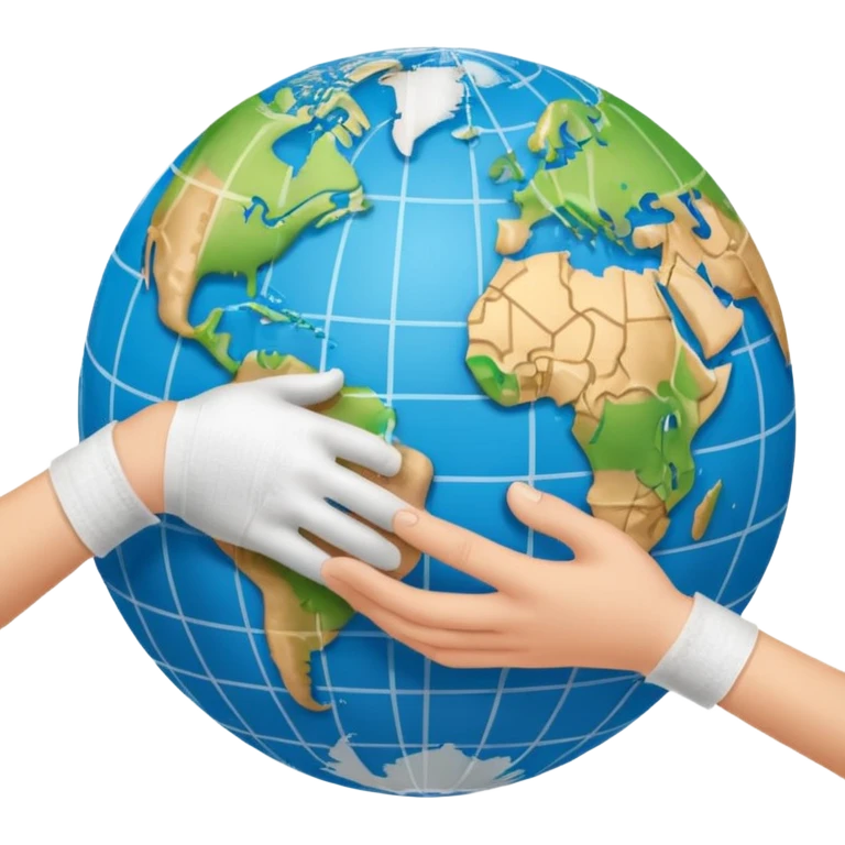 Generate an emoji of two hands shaking in front of a globe. Have the global have a bandage wrapped around it. emoji