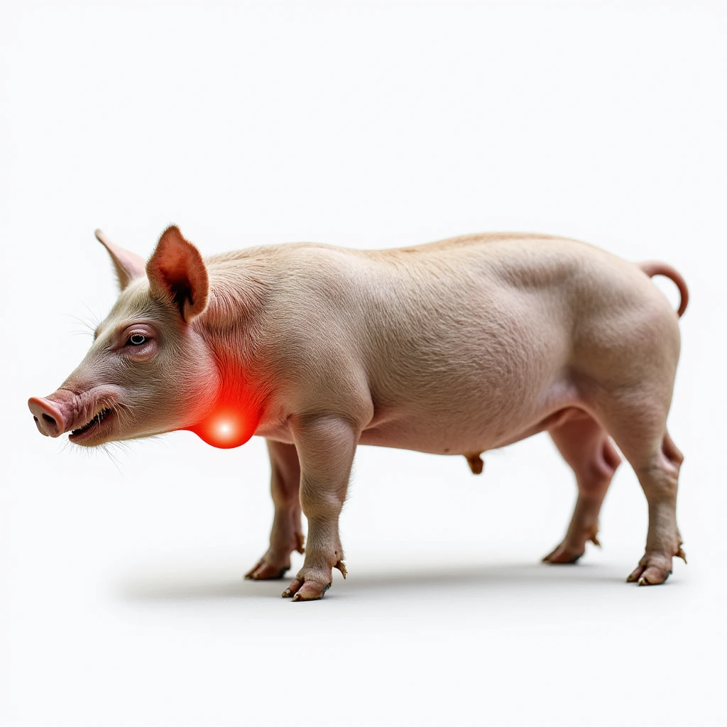 Realistic pig on isolated white background, thyroid area on neck highlighted in red, clear anatomical details, hyperrealism, 4K quality, pig with head turned to the side emoji
