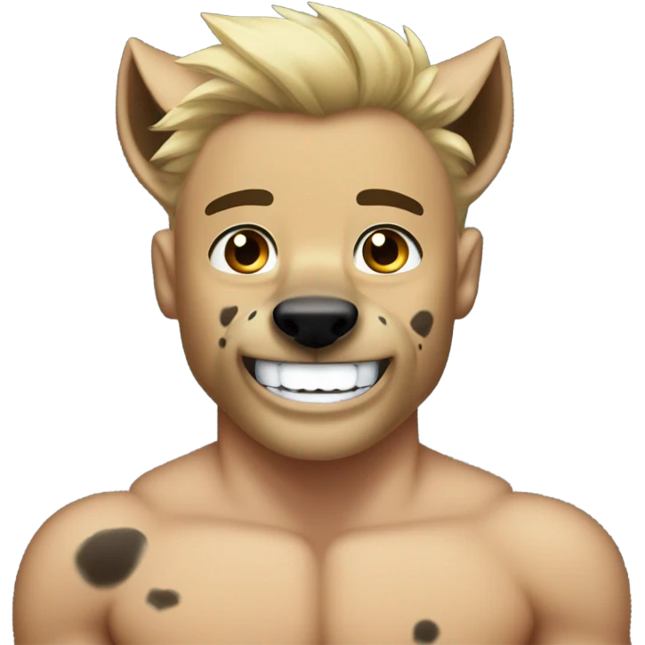 Gay shirtless male hyena muscular, good looking, blue eyes, blonde hair, smile, teeth emoji