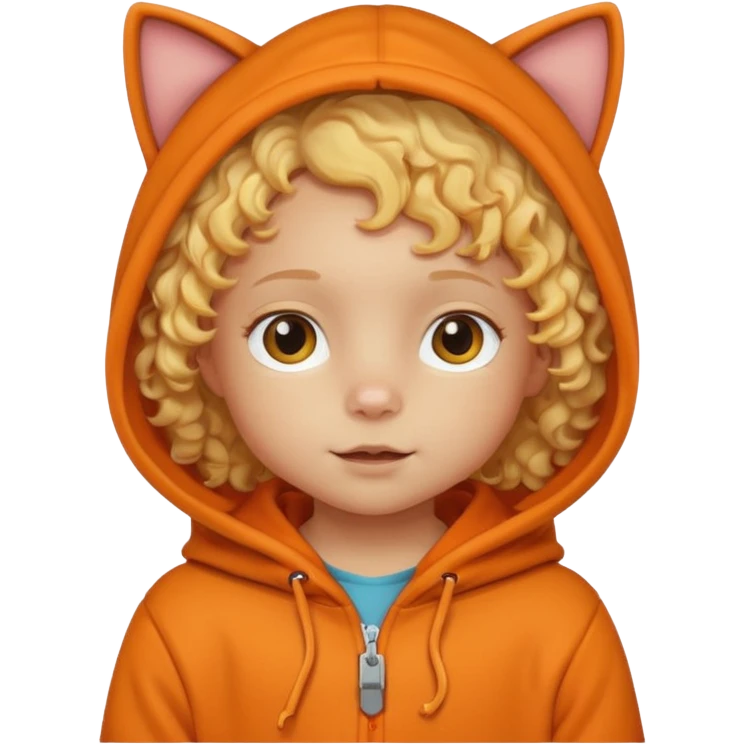 little kid Toddler in orange cat hoodie, curly blonde hair emoji