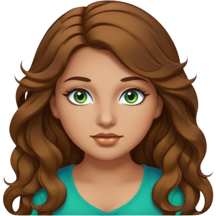 Girl girl long wavy brown hair, green/blue/gold eyes, plus size, thick eyelashes, tan skin,  emoji