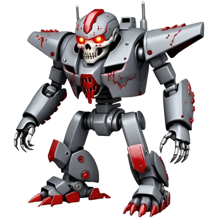 An all Grey metal evil mega zord tech bot with blood and glowing eyes in the style of your bleeding skull art, full body, rushed and worn from surviving the apocalypse, mostly Grey but splattered with blood, in a futuristic steam.punk cyber punk style emoji