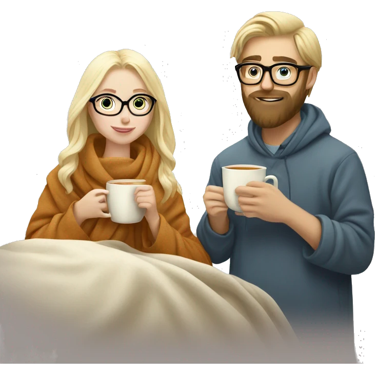 Pale blonde girl wearing glasses drinking tea under blanket with bearded brunette man emoji