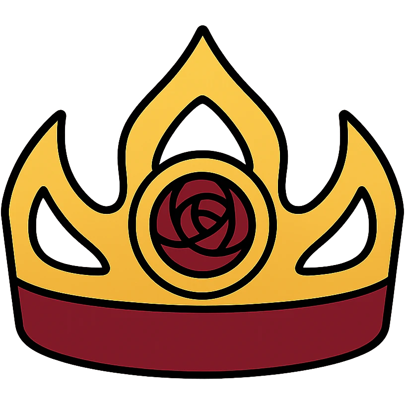 A queen level golden fantasy tiara-crown, golden and velvet crimson color shaded, with dark rose engraved in the ring of the crown, semi-realistic emoji