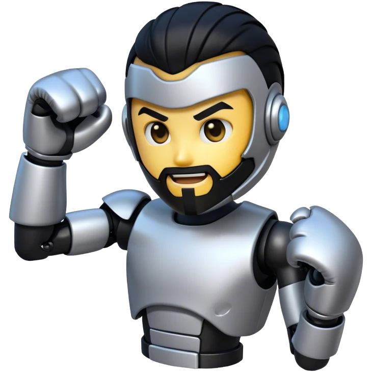 AI robotic fighter emoji, metallic face, punching glove, cyber glow, trimmed beard, medium-length black hair, short sides, hair forward. emoji