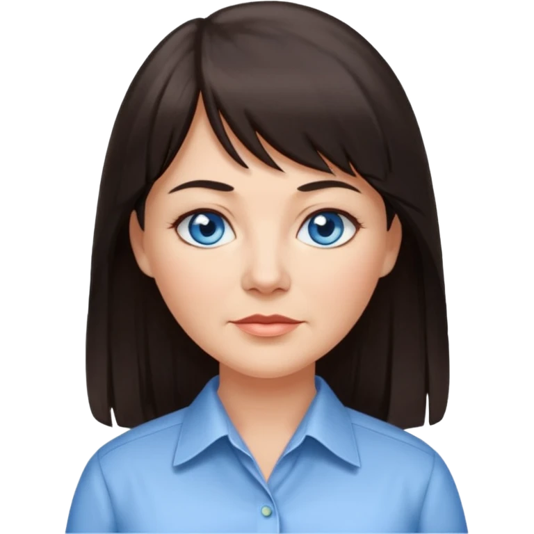 50 yr old woman, blue eyes, long straight dark brown hair, business shirt, chubby, bangs emoji
