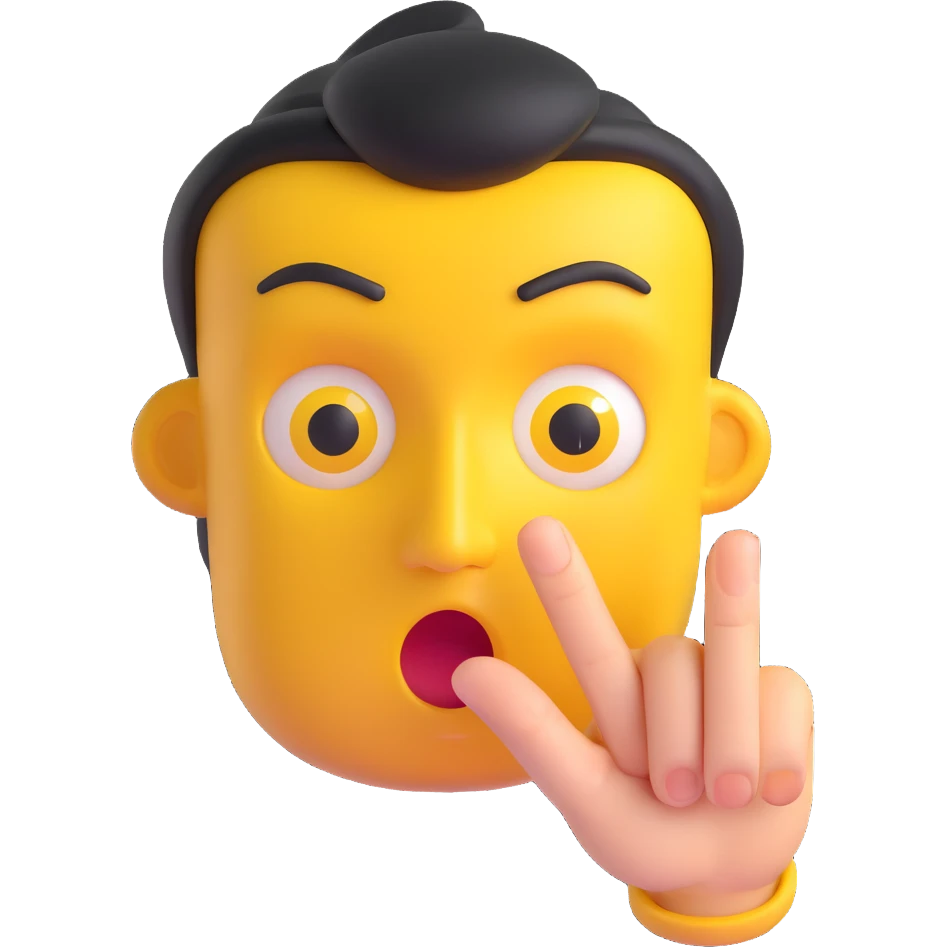 3D emoji of a yellow face with stern eyes and finger up, 'be quiet' gesture emoji