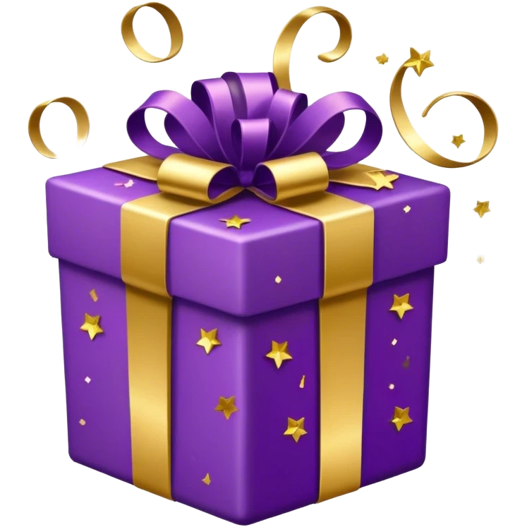 Purple and gold present with the lid off and glitter confetti emoji