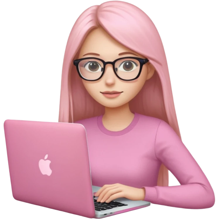 Mujer lacia peli larga y peli larga  en una MacBook rosa investigando y haciendo tareas con un libro de apuntes y con cara muy linda como modelo emoji