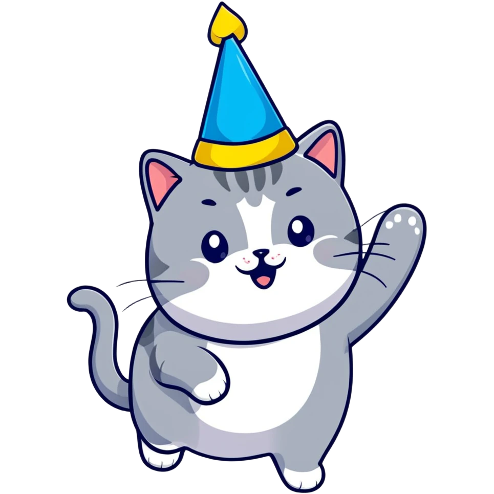 Joyful British shorthair blue cat with excited expression wearing a party birthday hat emoji