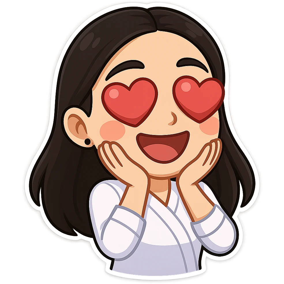 Create a chibi sticker of the girl from the reference image with heart eyes, expressing being in love. Use 3D bitmoji style with a white outline and transparent background. emoji