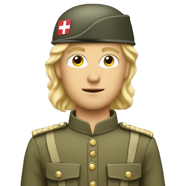 A swiss soldier, that is blond and looks not amuse. He has a light lipbeard emoji