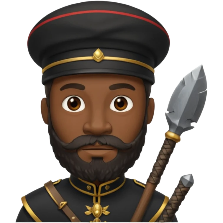 black ancient soldier with raw stick weapon, beard and bold emoji