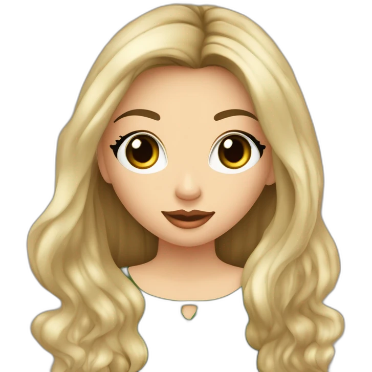 Blank meisje met donkerblond haar bruin groene ogen sieraden om geen oorbellen cream trui met zwart rokje zwarte panty en zwarte laarsjes en een paardenstaart in emoji