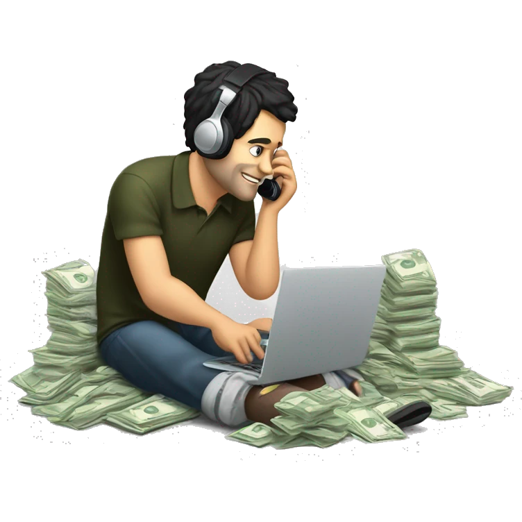 a tired white man with black hair is sitting at a laptop and talking on the phone, there is a bundle of money next to him, headphones on his head


 emoji