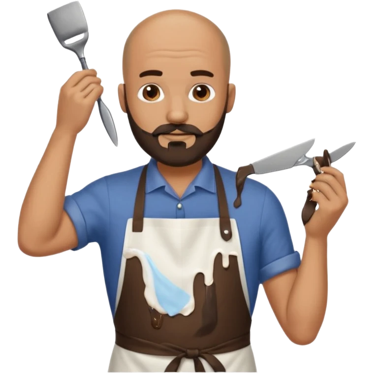 A bald man with a dark brown beard cutting someone’s hair eating poop emoji
