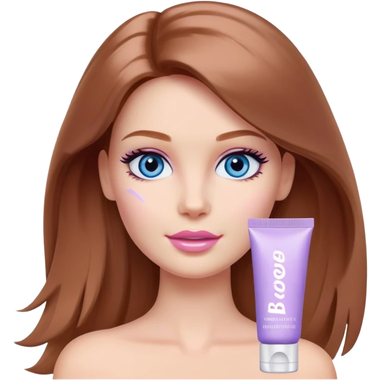 Barbie girl Chestnut Shoulder-length hair and blue eyes is In pale purple smears by hand cosmetic cream on her face emoji