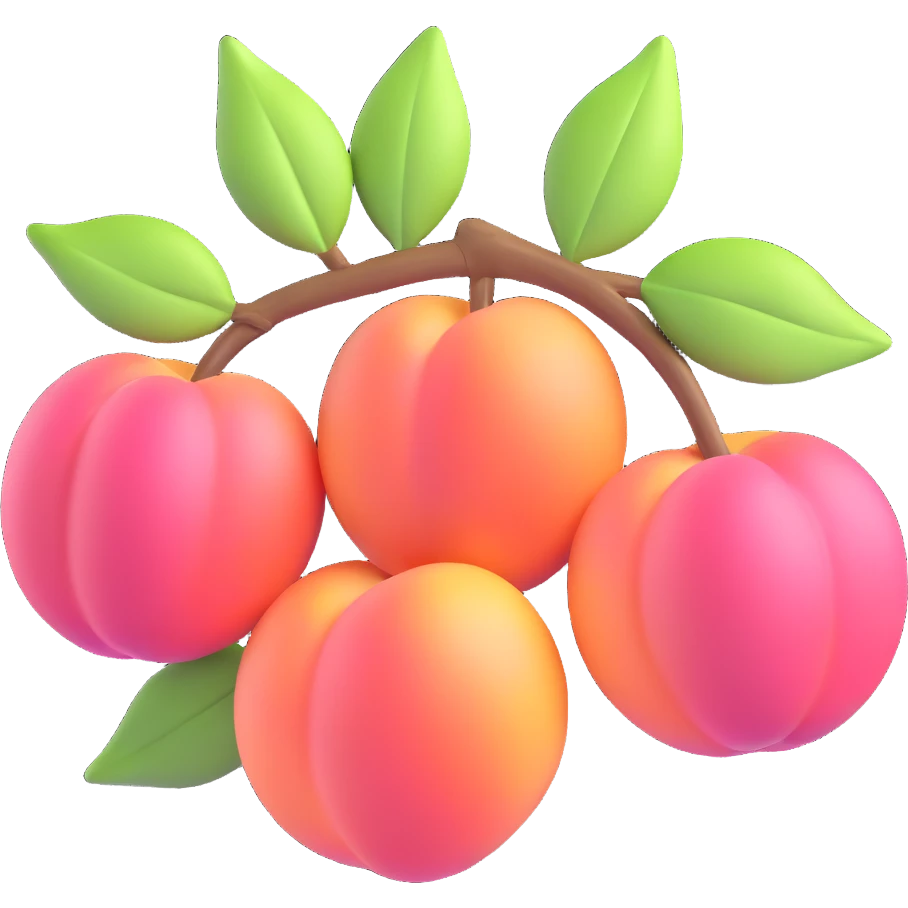 Edit the image to depict a branch with four pink peaches and pale leaves in a shiny and glossy 3D iOS emoji style on a transparent background. emoji
