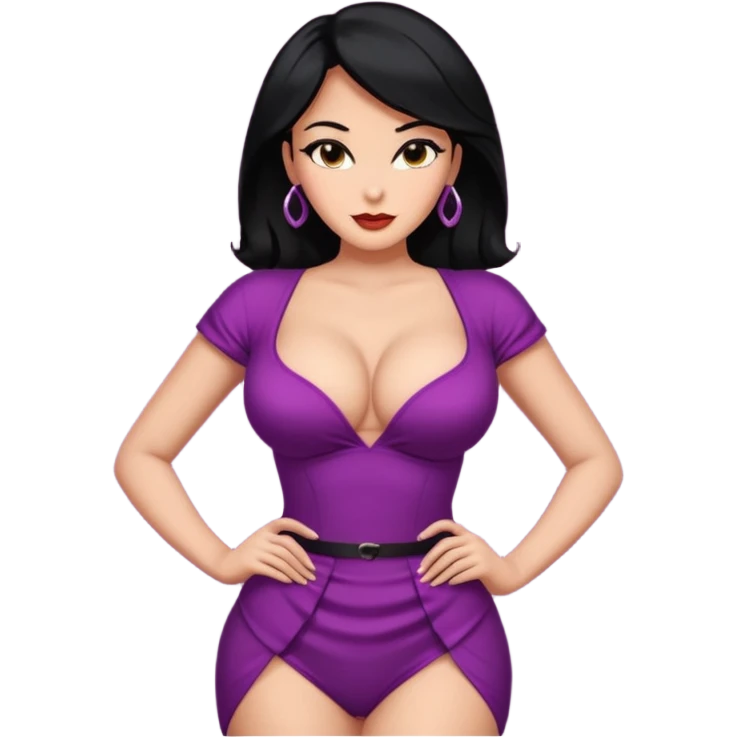 Adult female, black hair, large breasts, seductive smirk, confident pose, elegant suggestive outfit, hands on hips, bold silhouette, fully distinct from all other female roles. emoji