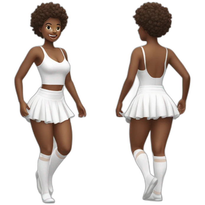 Hyperrealistic Full body Caucasian curvy beauty jumping short white skirt back and front views strong wind knickers long white socks emoji