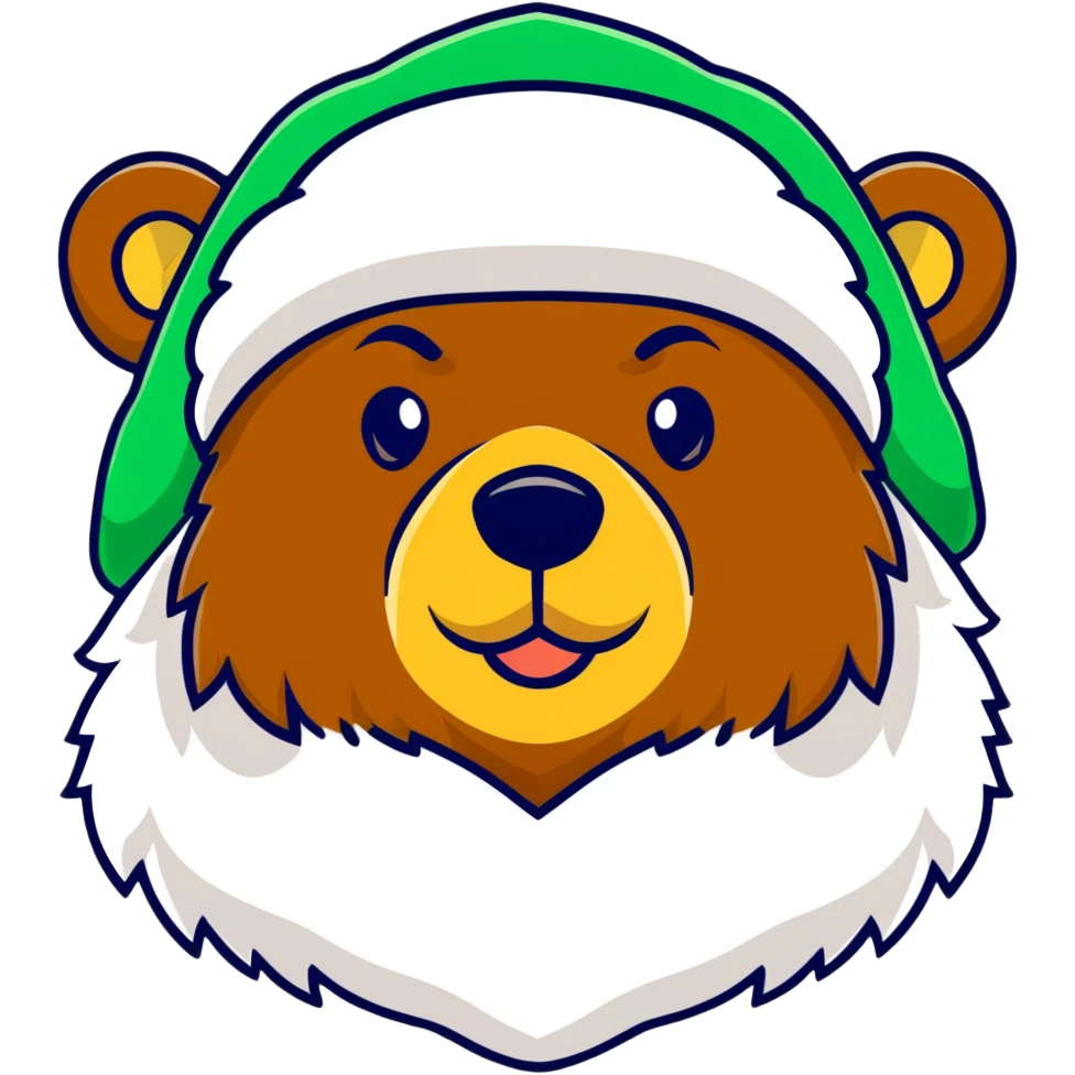 Cute grizzly bear face with green eyes, wearing a white fur hat with golden Russian coat of arms in the middle emoji