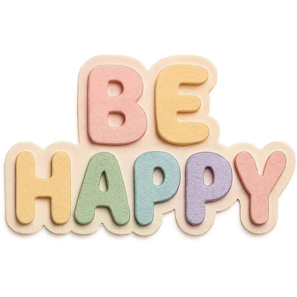 Kawaii sticker style "Be Happy" in soft pastel rainbow soft puffy text, no frame, isolated design, transparent background emoji