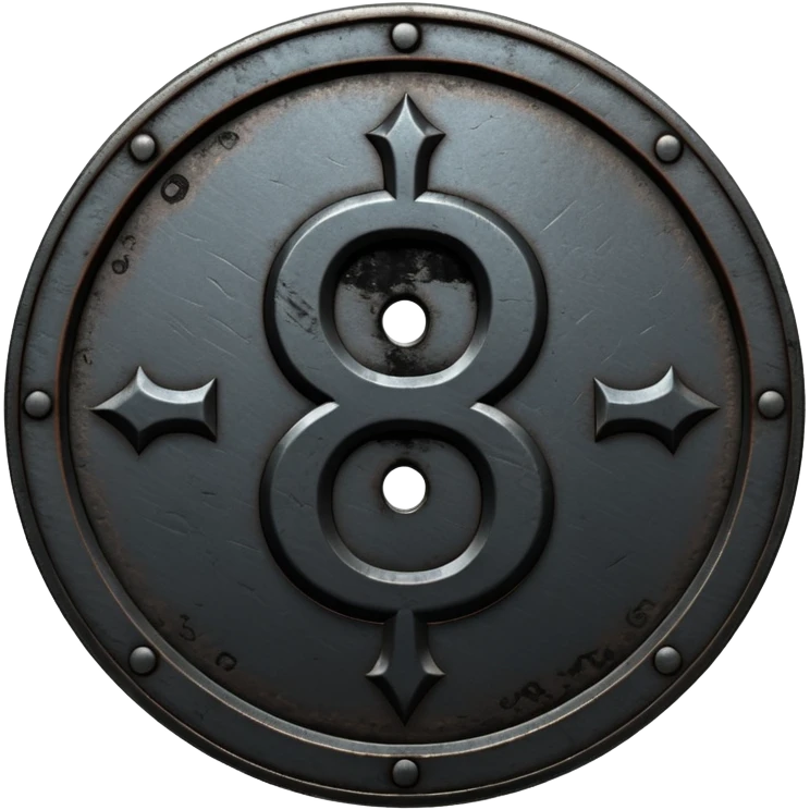 Minimal emoji, gothic metal coin made of black steel, engraved number 8 at the center, ancient industrial aesthetic, worn metal texture, no glow, no neon, flat emoji design, centered, transparent background emoji