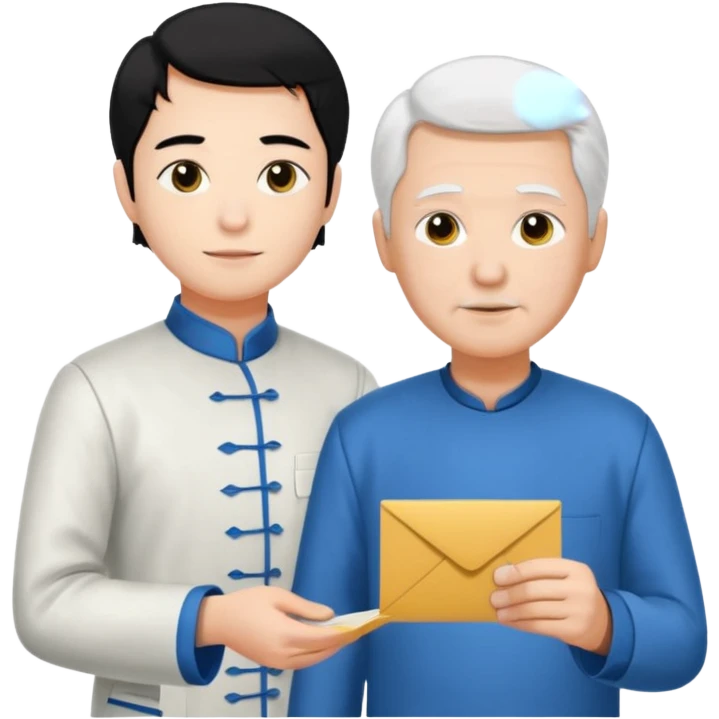 a young student with morden T-shirt and black hair, who is handing letter to a old man official with white hair chinese tunic suit emoji
