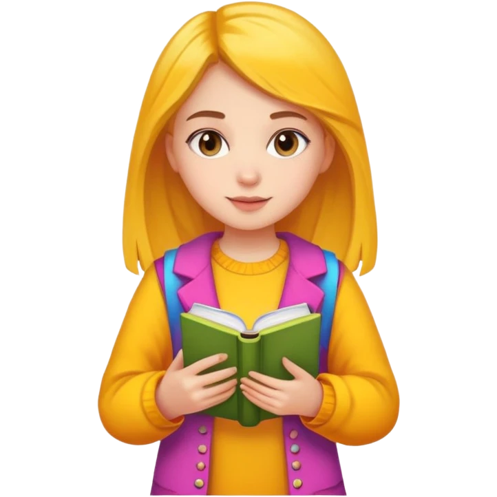 держит книгу и телефон одновременно, яркая, разноцветная одежда. Девушка emoji