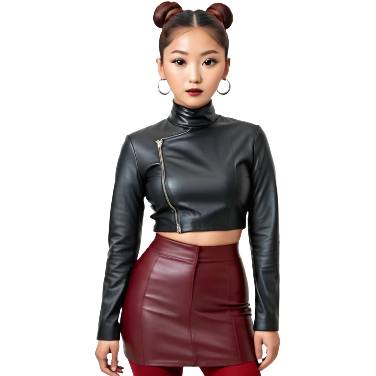 Full-body shot of an East Asian woman with a sleek bun at the nape of the neck, not a high bun. Oversized black leather jacket to the hips, black turtleneck, silver orb necklace. Red leather mini skirt, burgundy tights, red long boots. Fashion-editorial style. emoji