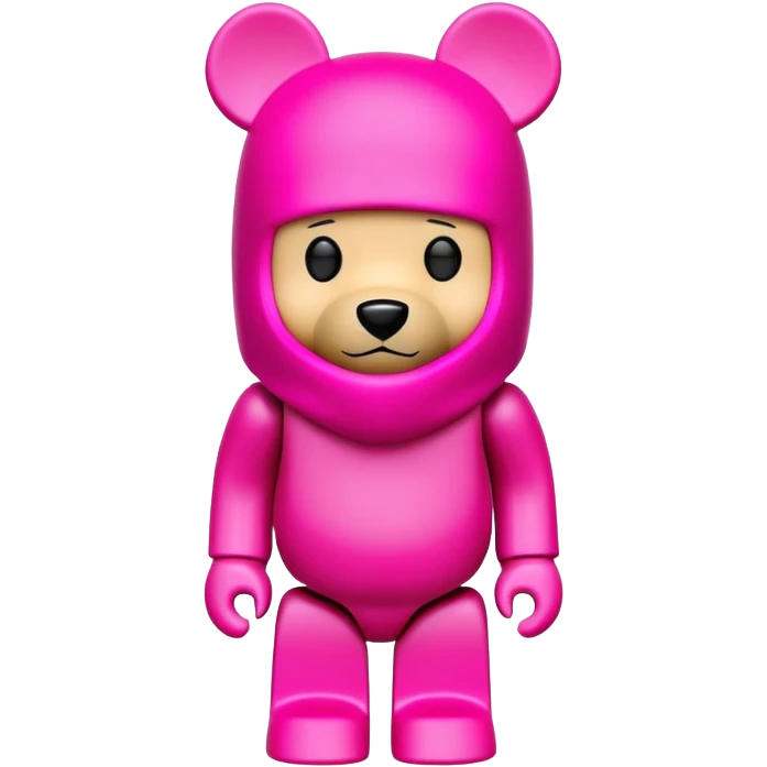 bearbrick toy figure wearing a bright pink balaclava, blocky bear collectible toy emoji
