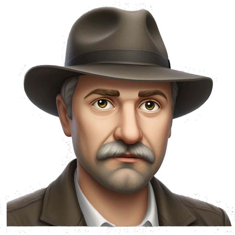 Russian writer Alexander Kuprin Photorealism A plump serious man of Slavic appearance with Small eyes with goatee beard and mustache, with a  short haircut, big detailed face, wrinkled face, wearing a fedora hat emoji