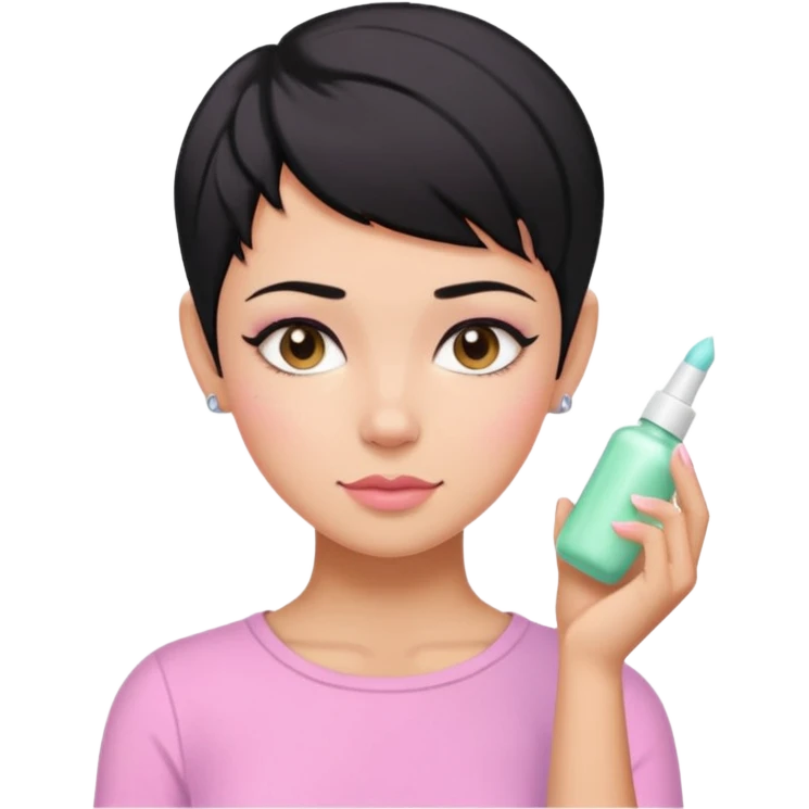 tan girl pink shirt with black hair & a pixie, cut no earrings, doing pastel colors skin care emoji