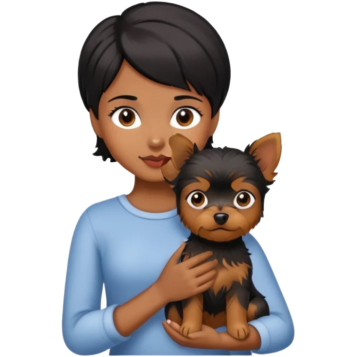 A black short-haired girl holding a Yorkshire Terrier emoji