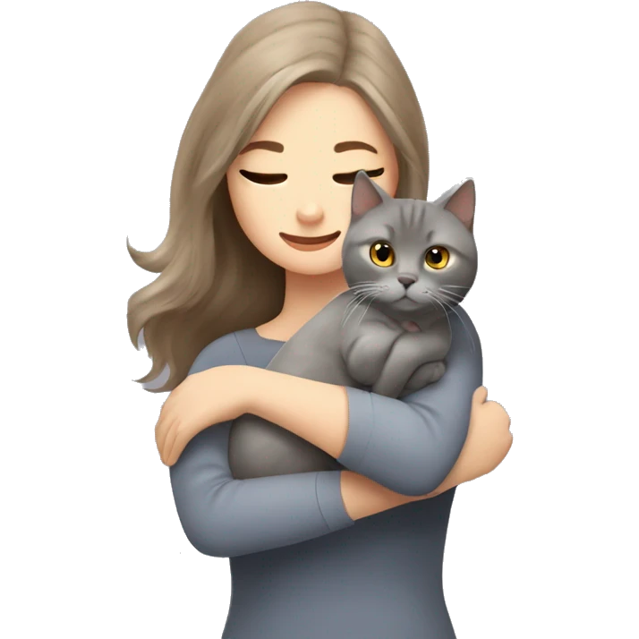 small British shorthair grey cat hugging long brown hair white woman emoji
