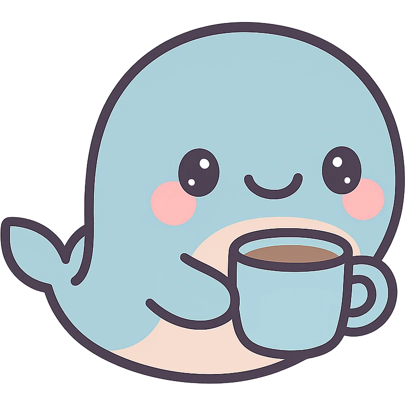 smiling whale with a blue coffee cup, cozy and delightful emoji