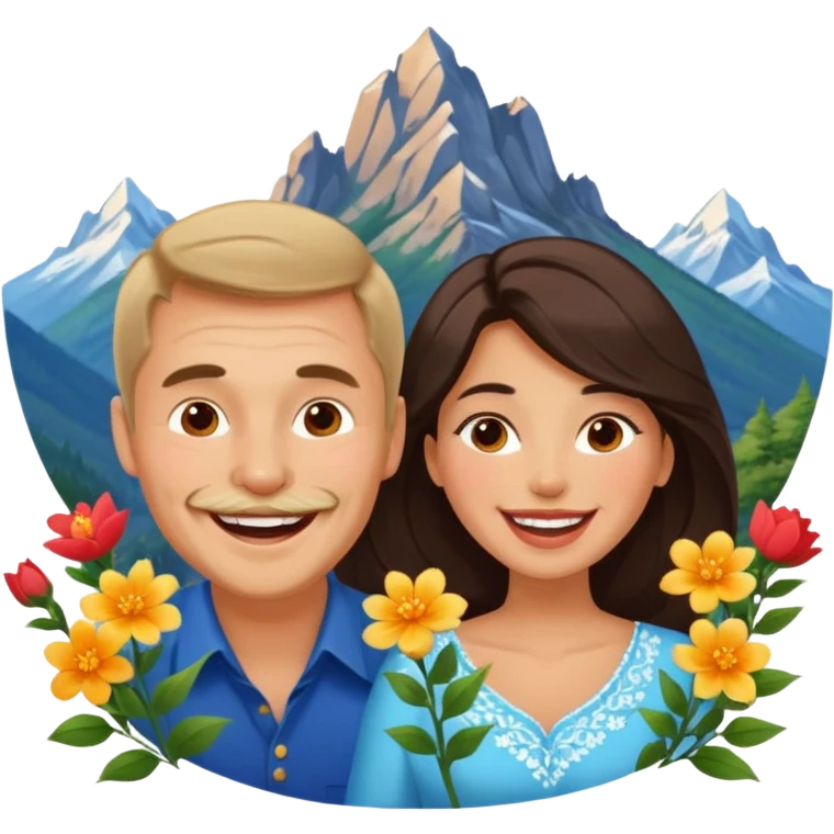 Laughing Couple traveling in Montenegro russian man and elegant  Latina girl delicate flowers and mountains in the background emoji