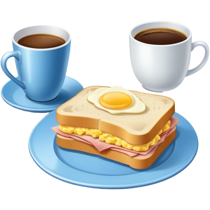 a blue breakfast plate, a sandwich with ham and scrambled eggs and a cup of white coffee emoji