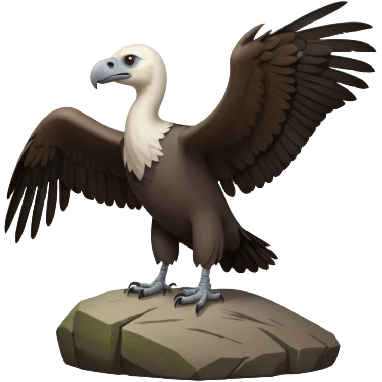 a vulture — large bird with dark brown feathers, bald WHİTE head, curved beak and sharp eyes — standing proudly on a rock — wings slightly open — realistic yet cute cartoon emoji look, clean lighting, soft shadows. emoji