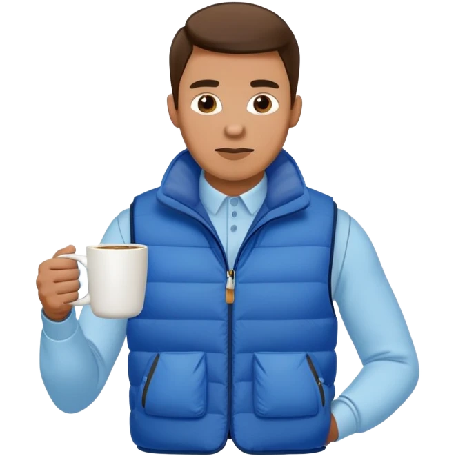 full length man with white long sleeve shirt and blue puffy winter vest with no pockets holding a coffee mug in front of him and nothing in his other hand emoji