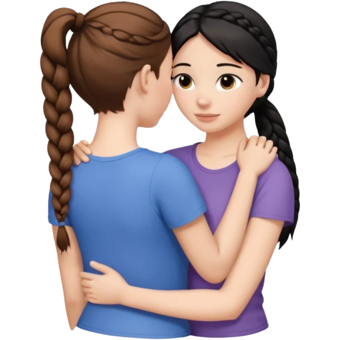 Comforting Hug two white skin women, one shorter woman with brown hair in simple top ponytail, not braided, and one taller woman with black hair in long side braid emoji