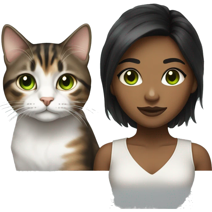 Young black woman brown eyes and black hair with a white and brown tabby cat with green eyes emoji