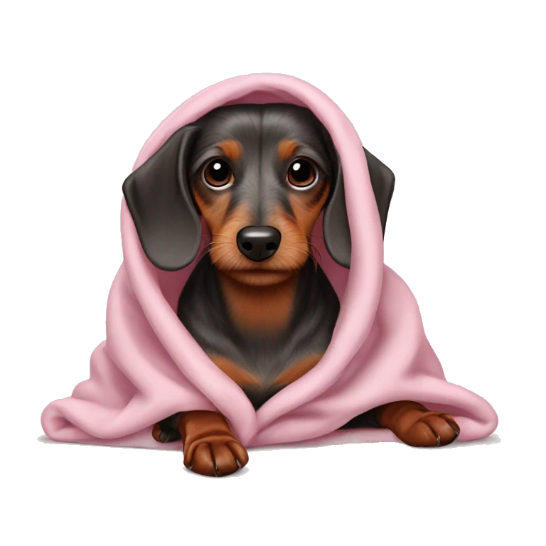 wirehaired dachshund in a light pink cozy blanket  emoji