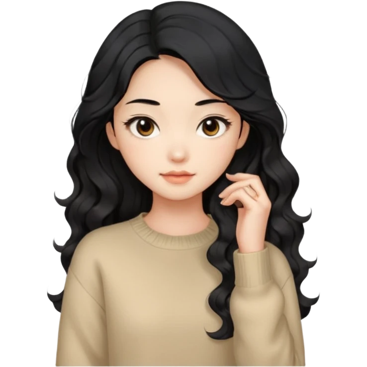 Beautiful girl,Black hair, wavy long hair,Black eyes,Chinese, beige sweater  emoji