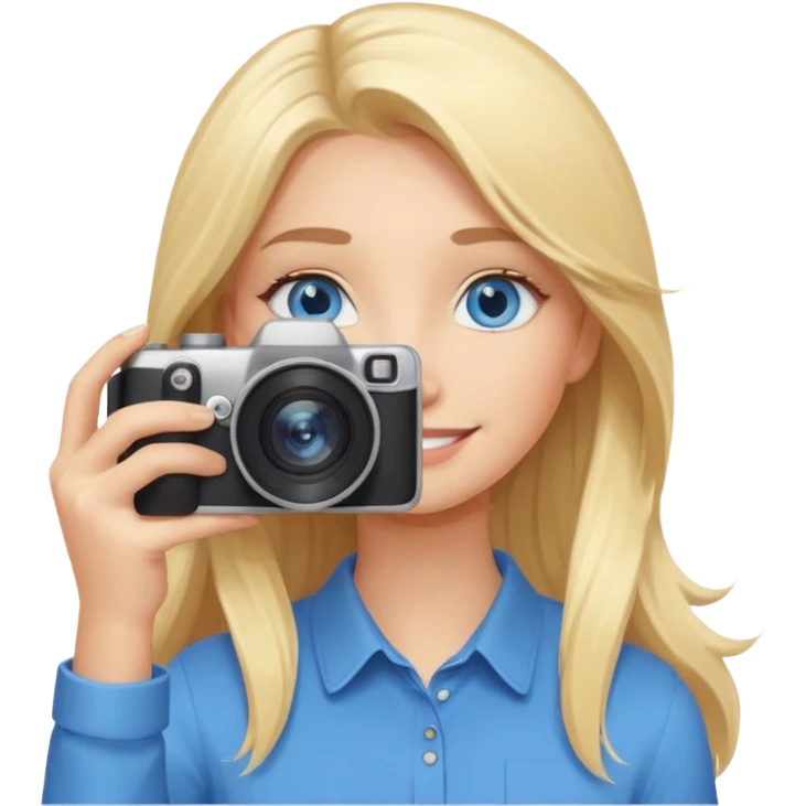  blue eyes blonde girl photographer cartoon taking picture in middle of taking picture camera in front of face long hair smiling funny flash professional, camera in front of face emoji