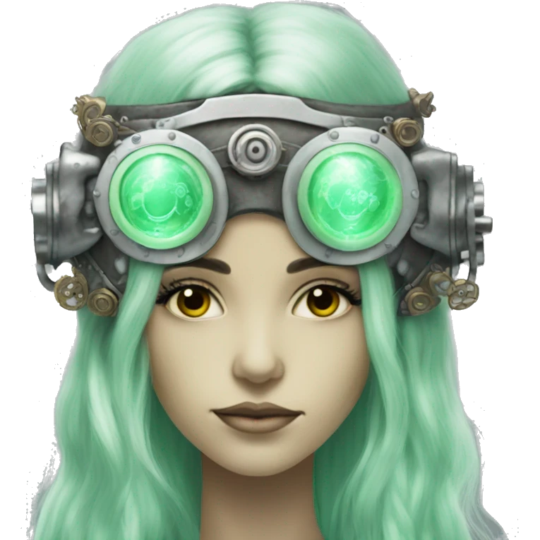Pastel green long haired female cyborg head with silver steampunk goggles emoji