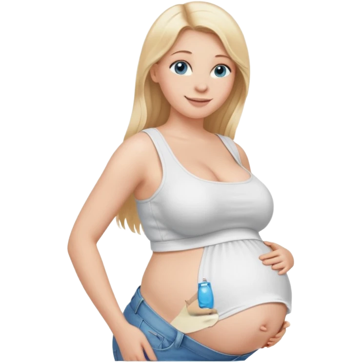 White girl, 18, long blonde hair, blue eyes, white crop top, jeans, huge pregnant belly, big boobs, side view, skinny, bare midriff, smiling emoji