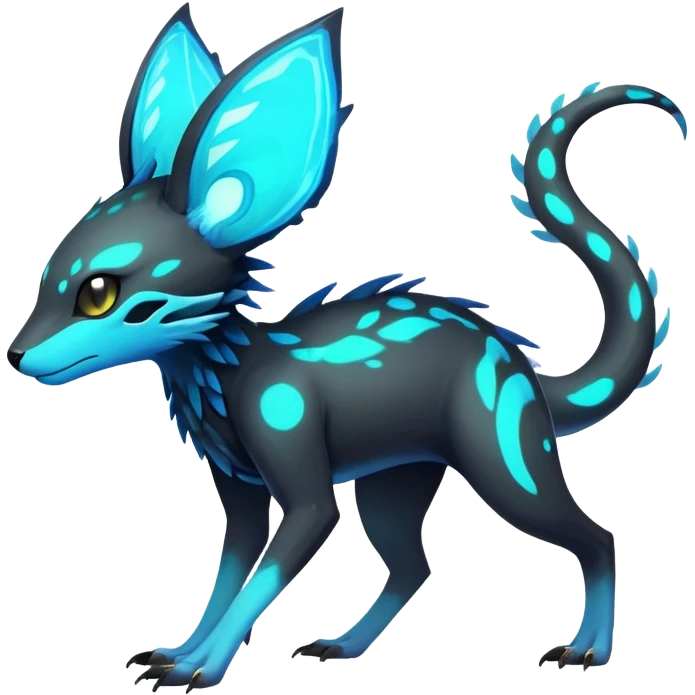 Rare realistic dark-neon glowing bioluminescent edgy badass epic pretty beautiful handsome gorgeous aesthetic colorful vibrant Vernid-Trico-species-Fakemon-creature by LiLaiRa, 4 legs, 1 tail, random markings, (full body) emoji