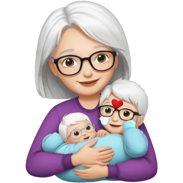 "Woman with white hair and fair skin wearing glasses, hugging a baby, smiling."
 emoji